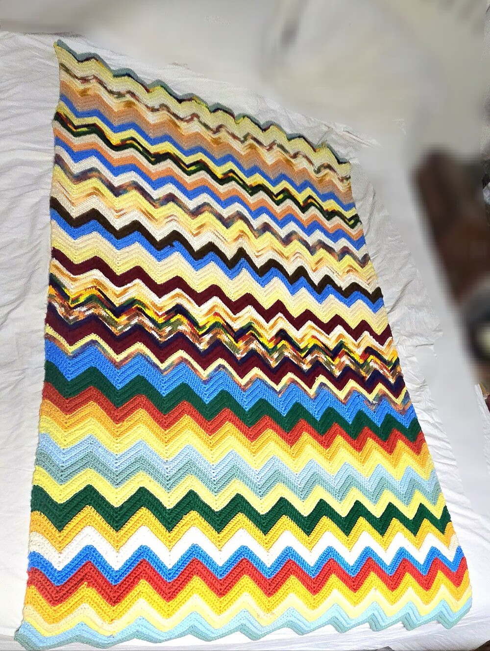 Vintage Granny Afghan Chevron Colors Hand Knit Crochet Blanket